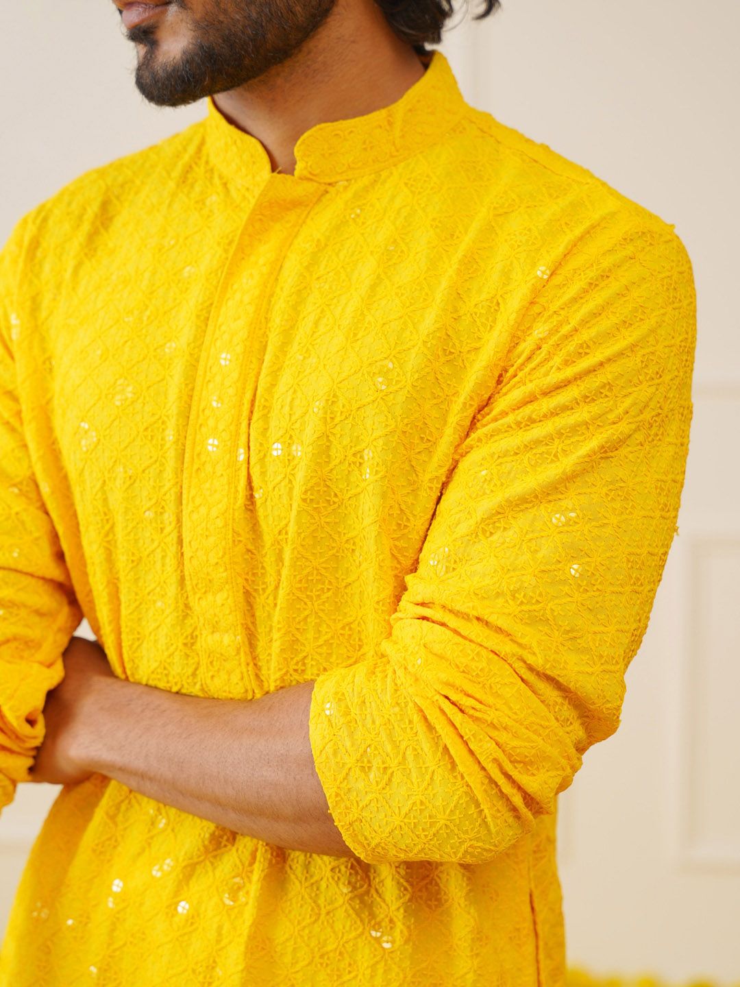 Jompers Geometric Embroidered Sequinned Pure Cotton Chikankari Kurta with Trousers