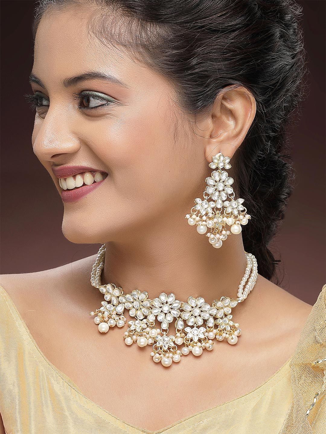 Karatcart Kundan-berlapis emas Kundan & Pearl Beaded Jewellery Set