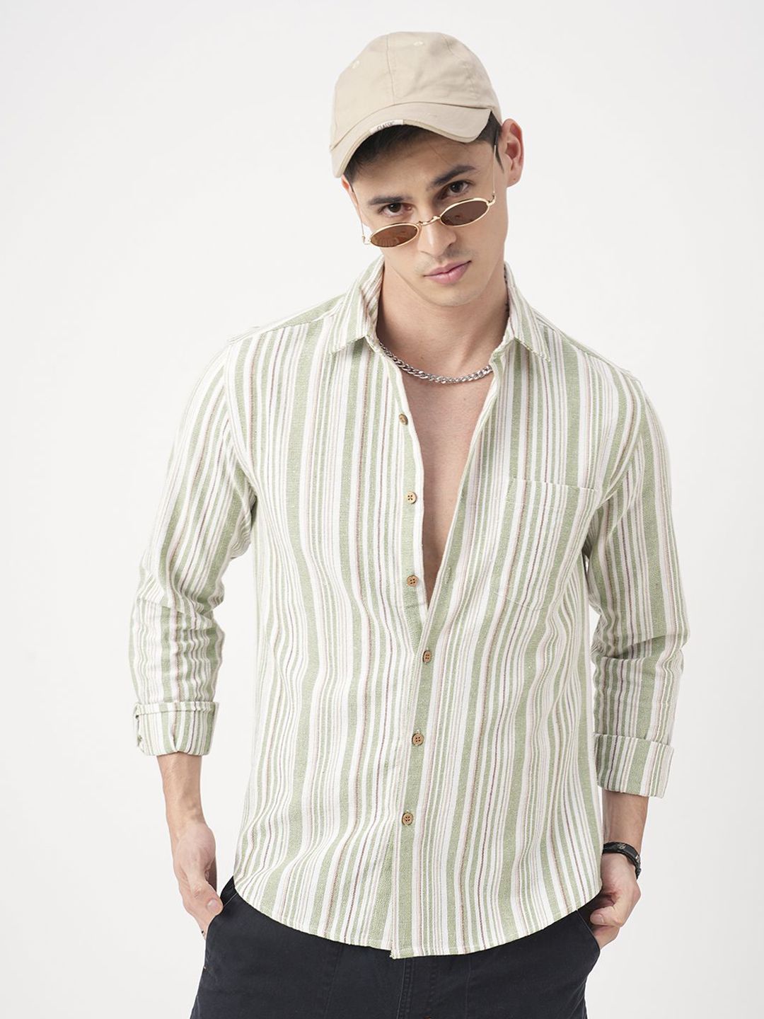 VASTRADO Men Classic Fit Spread Collar Vertical Striped Cotton Casual Shirt