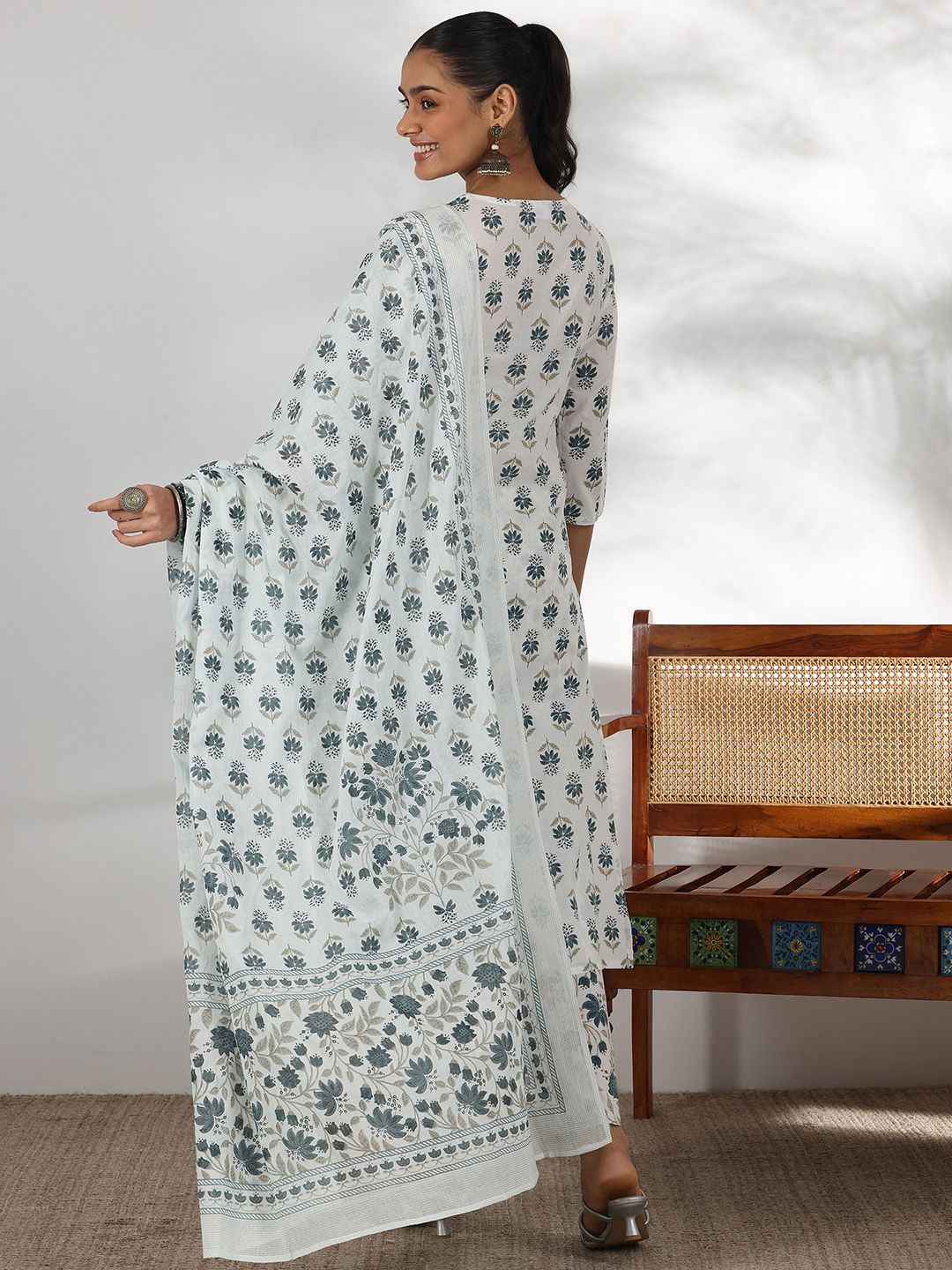 Libas Floral Printed Mirror Work V-Neck Pure Cotton Straight Kurta with Palazzo & Dupatta