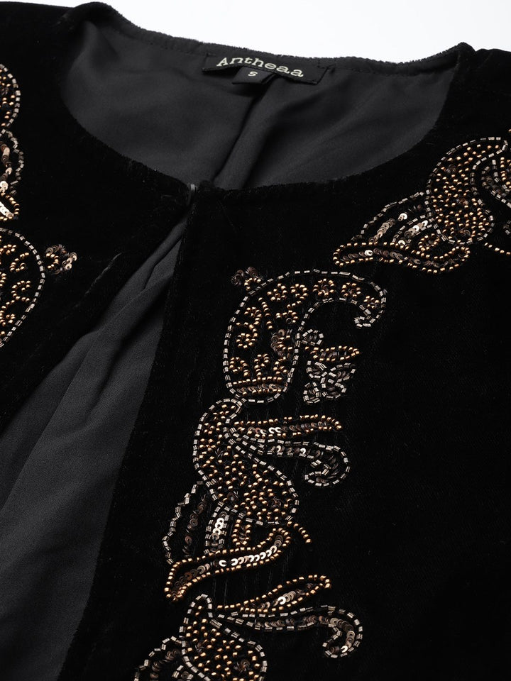 Antheaa Women Black Embroidered Velvet Finish Open Front Jacket