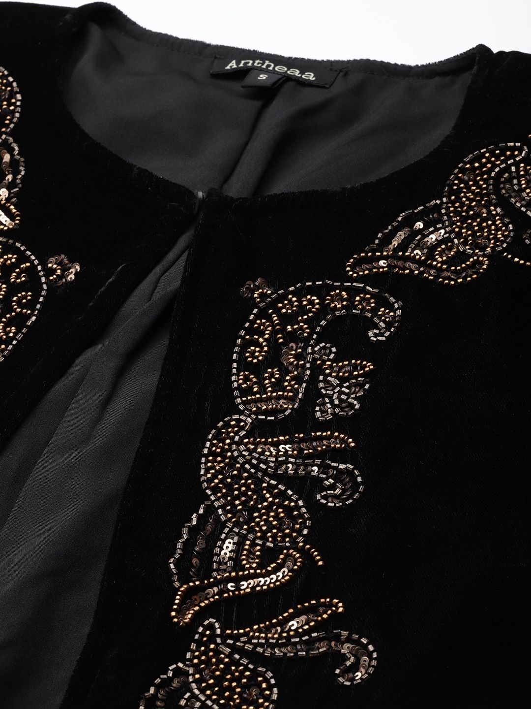 Antheaa Women Black Embroidered Velvet Finish Open Front Jacket