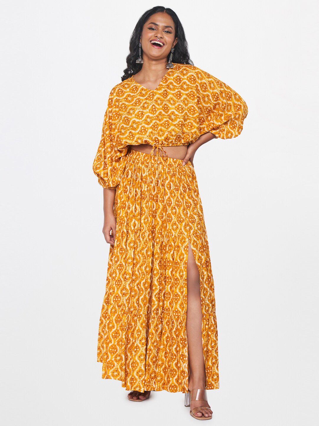 Global Desi Printed V-Neck Top & Skirt