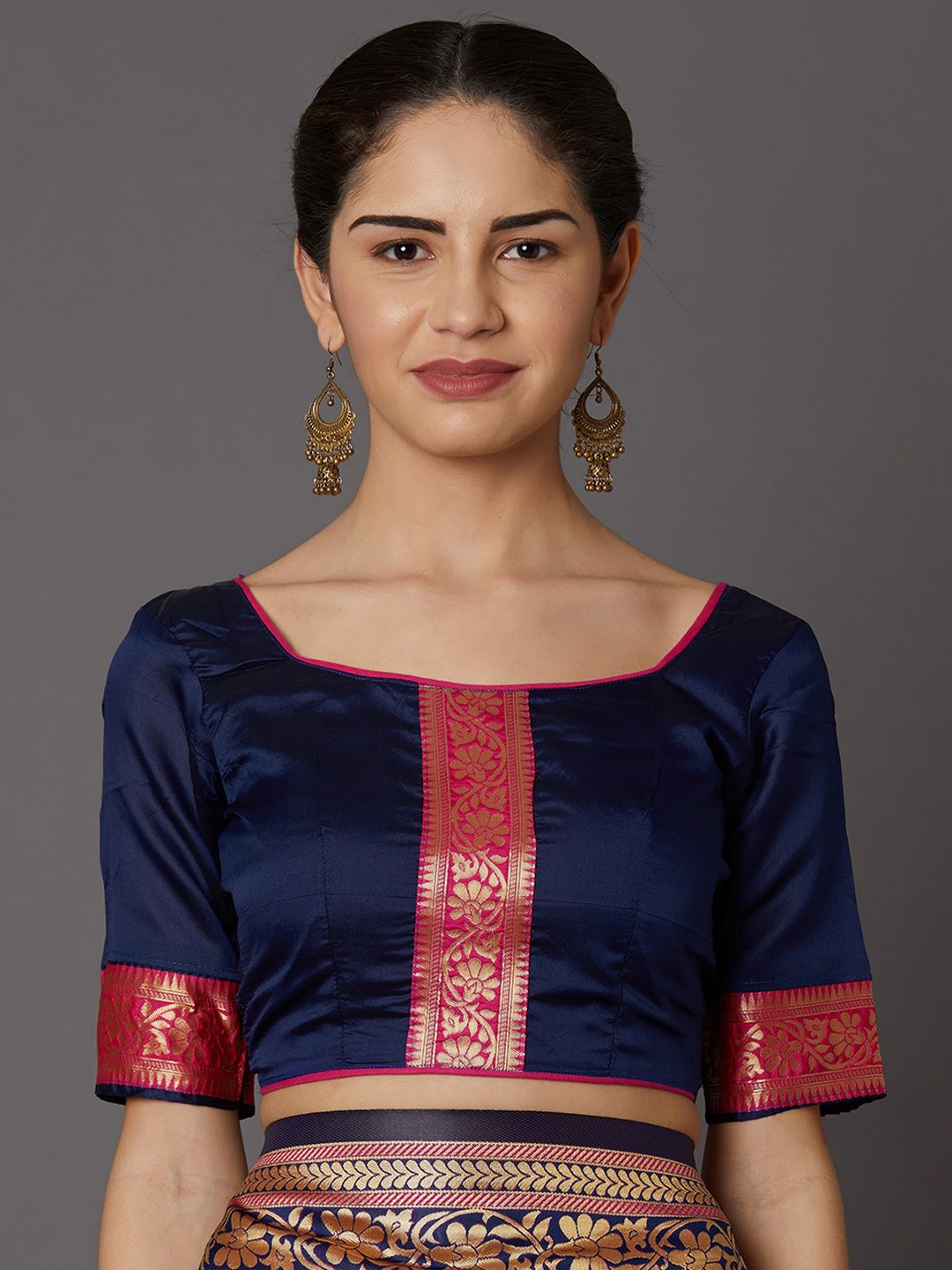Mitera Pink & Navy Blue Silk Blend Woven Design Kanjeevaram Saree
