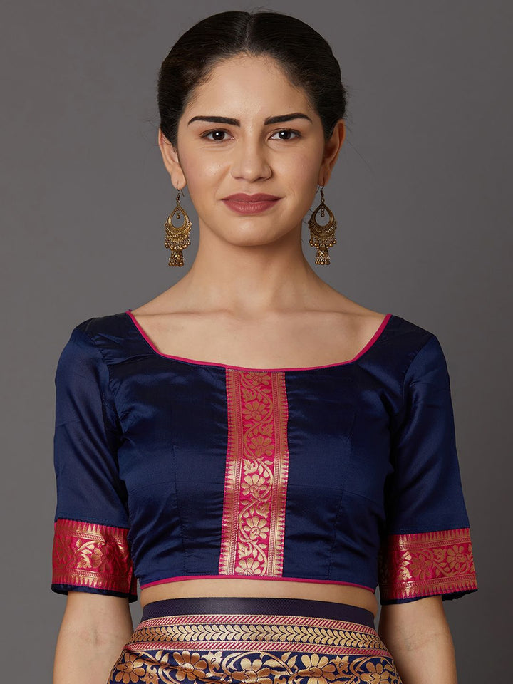 Mitera Pink & Navy Blue Silk Blend Woven Design Kanjeevaram Saree
