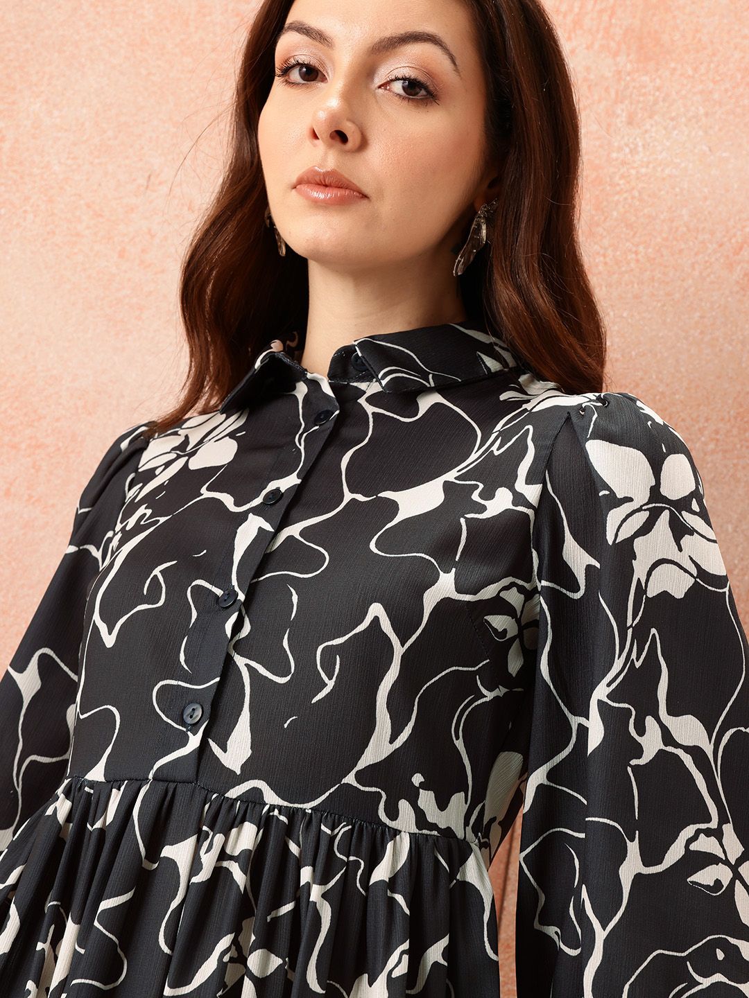 all about you Floral Print Puff Sleeve Shirt Style Formal Dress