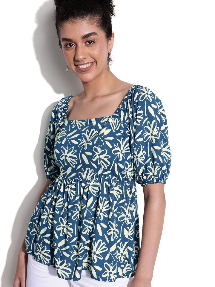 DressBerry Puff Sleeves Floral Printed A-Line Top