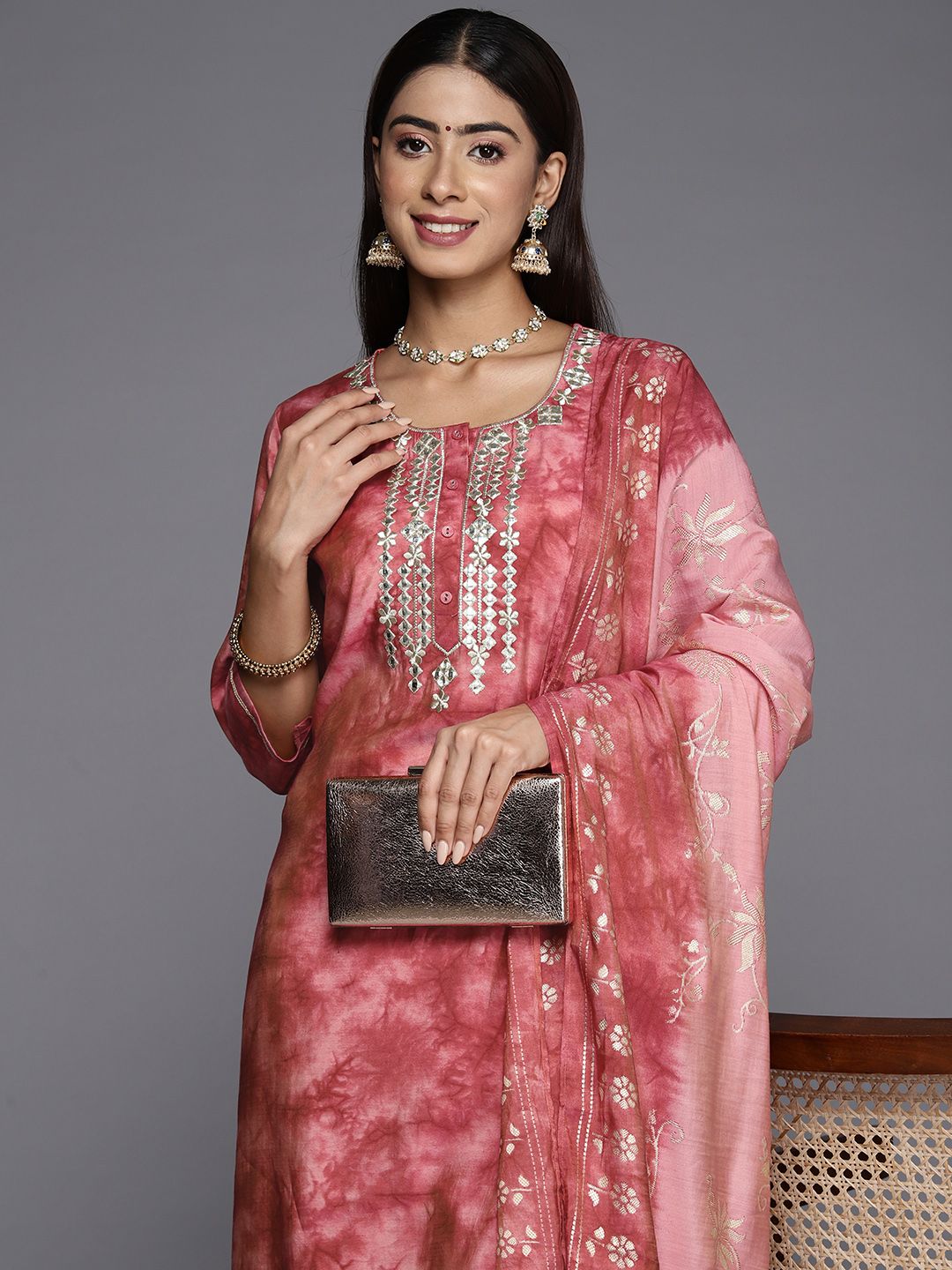 Libas Women Printed Regular Mirror Work Kurta with Trousers & With Dupatta