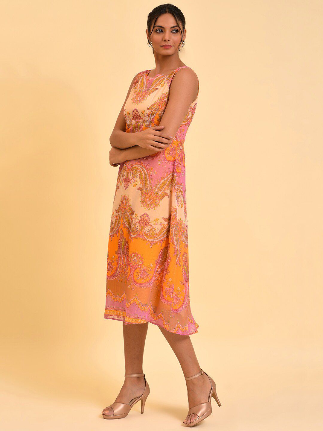 W Orange Ethnic Motifs Printed A-Line Midi Dress