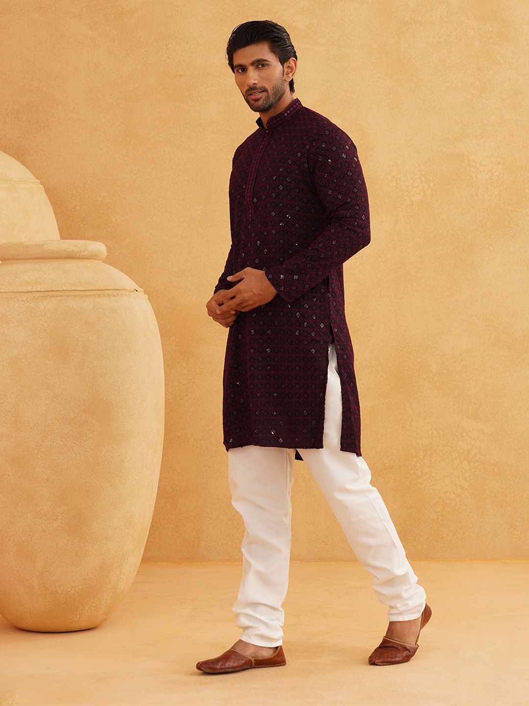 SOJANYA Embroidered Sequinned Pure Cotton Kurta with Churidar