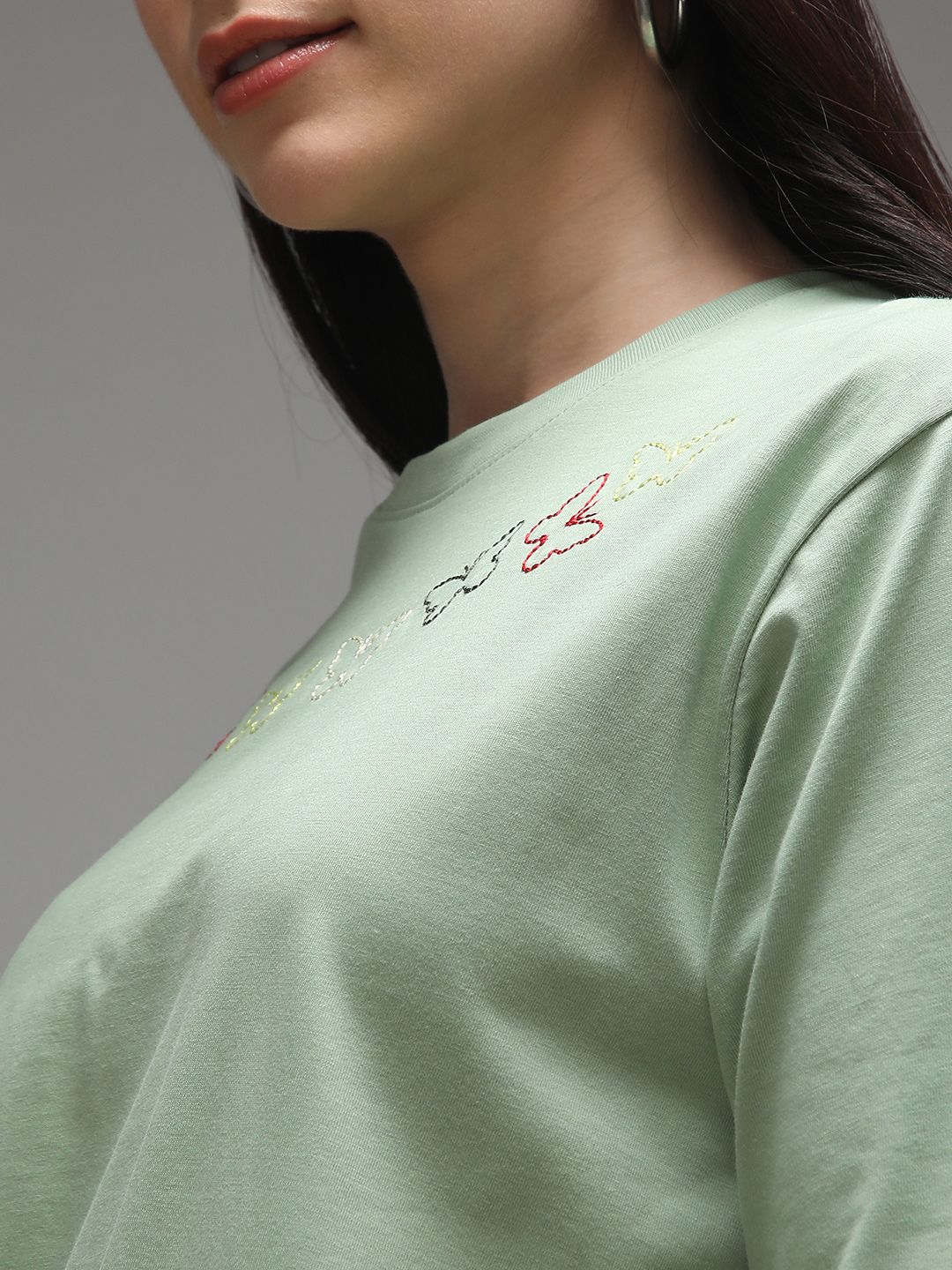 DILLINGER Women Short Sleeve Oversized Crew Neck Embroidery Tshirt