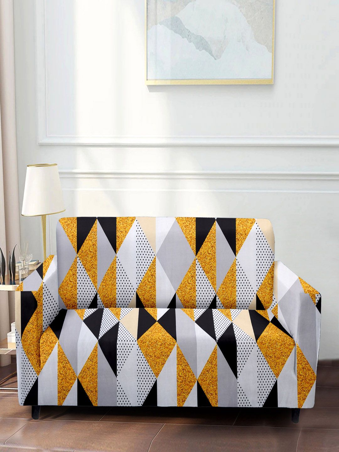 Cortina White & Yellow Printed 3-Seater Stretchable Non-Slip Sofa Slipcover