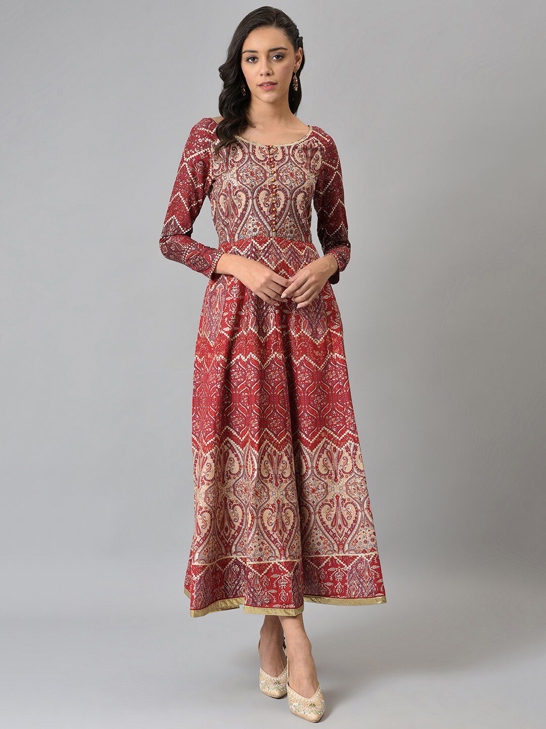 W Maroon & Beige Ethnic Motifs Chiffon Ethnic Maxi Dress