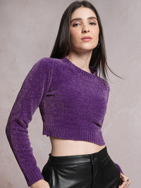 Tokyo Talkies Purple Round Neck Crop Pullover