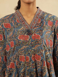 W V Neck Floral Printed Thread Work Cotton Kurta