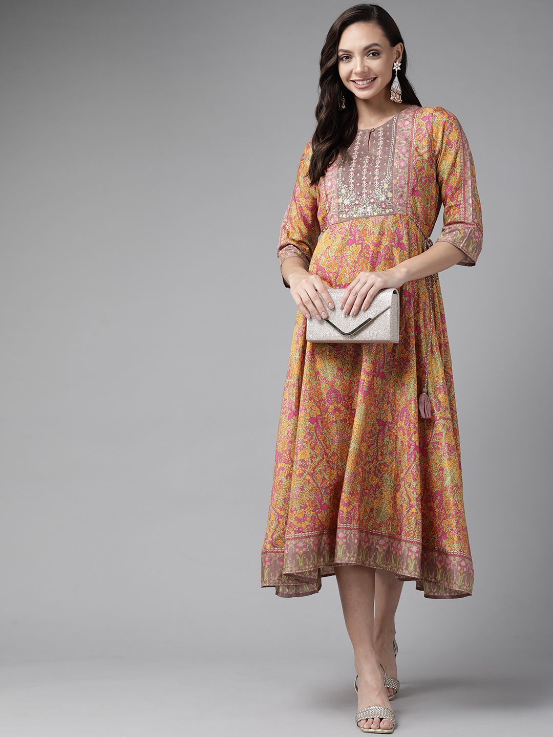 W Women Orange & Pink Printed Sequined Detail A-Line Ethnic Dress