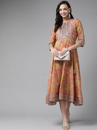 W Women Orange & Pink Printed Sequined Detail A-Line Ethnic Dress