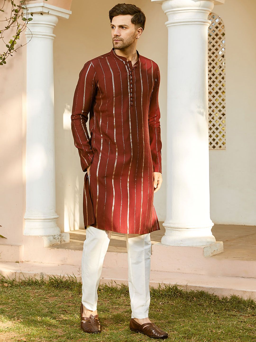 See Designs Striped Embroidered Sequined Straight Kurta