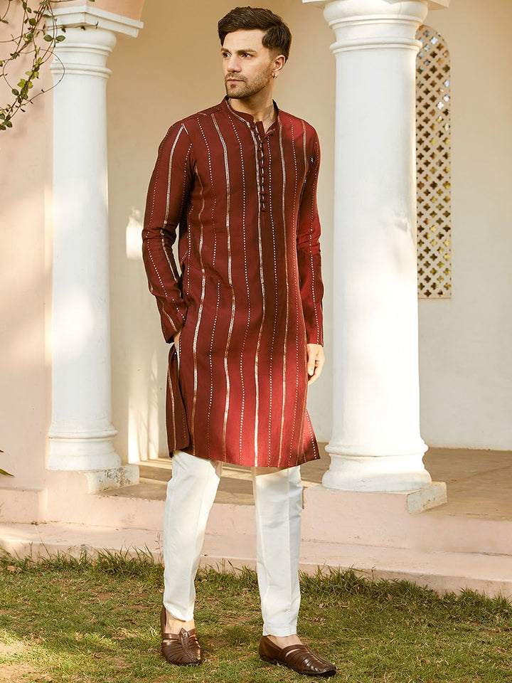 See Designs Striped Embroidered Sequined Straight Kurta