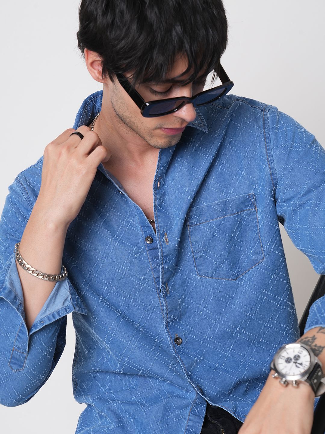 VASTRADO Men Classic Regular Fit Spread Collar Textured Cotton Casual Shirt