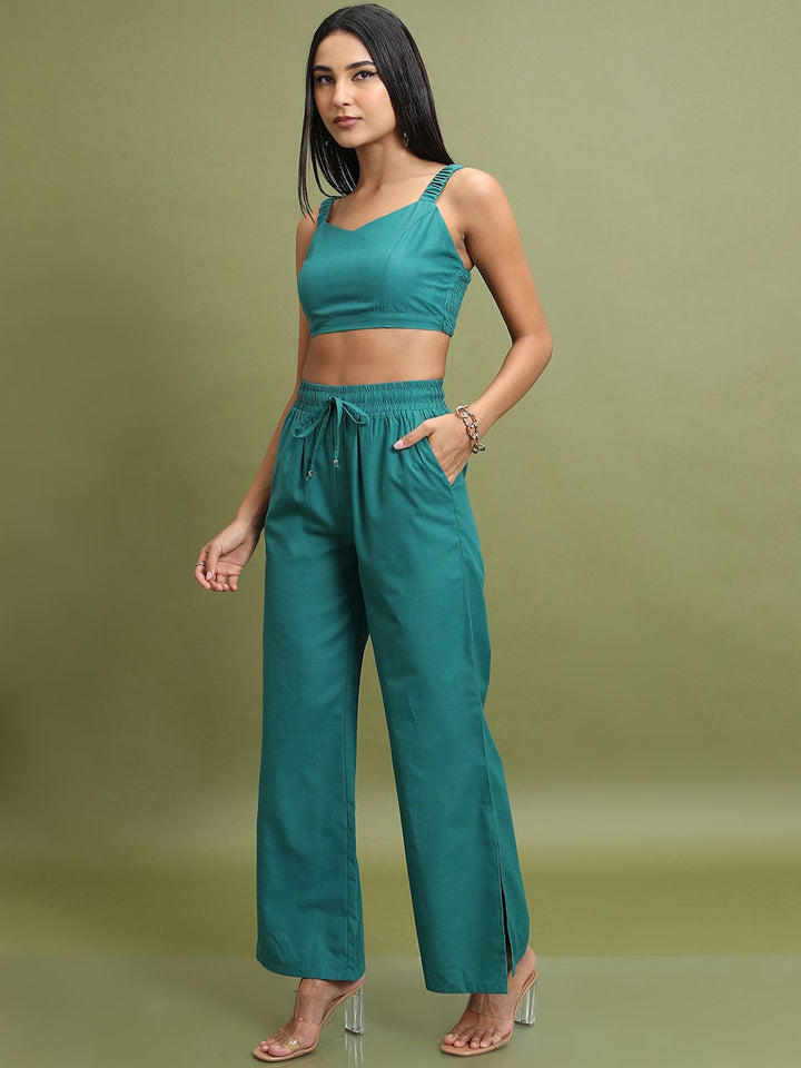 Tokyo Talkies Teal Green Shoulder Strap Crop Top With Trouser & Shirt