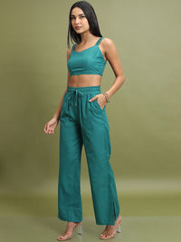 Tokyo Talkies Teal Green Shoulder Strap Crop Top With Trouser & Shirt