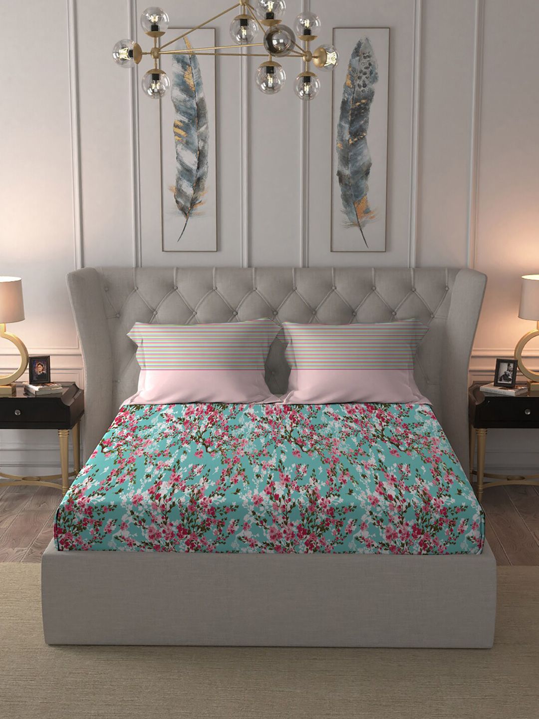 MYTRIDENT Turquoise Blue  Pink Floral Pure Cotton 144 TC Queen Bedsheet  2 Pillow Covers
