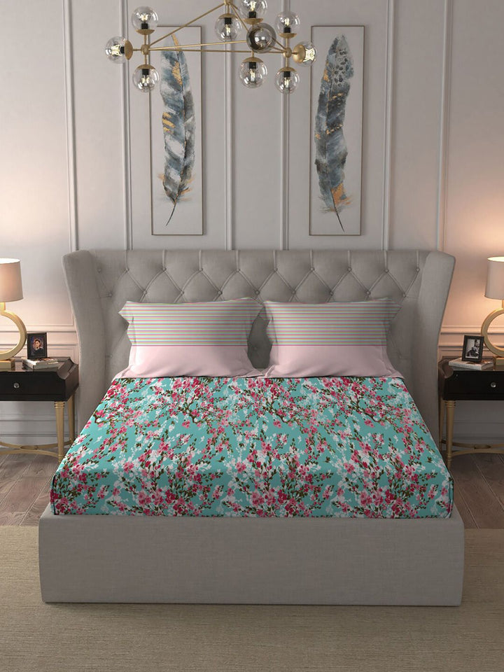 MYTRIDENT Turquoise Blue  Pink Floral Pure Cotton 144 TC Queen Bedsheet  2 Pillow Covers