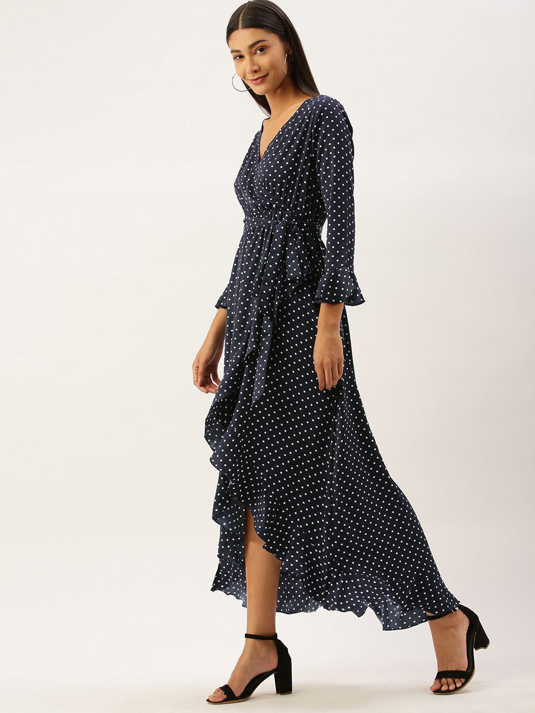 Berrylush Women Navy Blue Printed Wrap High-Low Hem Maxi Dress with Ruffle Detail