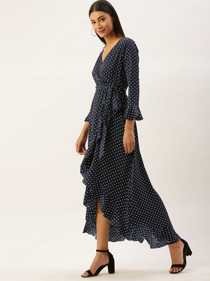 Berrylush Women Navy Blue Printed Wrap High-Low Hem Maxi Dress with Ruffle Detail