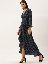 Berrylush Women Navy Blue Printed Wrap High-Low Hem Maxi Dress with Ruffle Detail