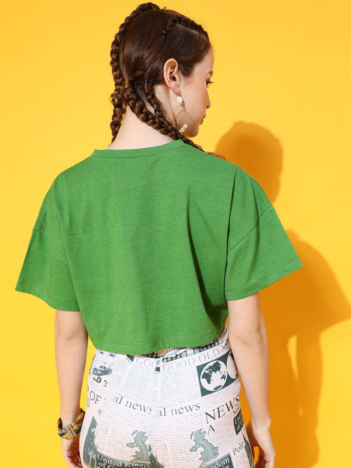 STREET 9 Women Green Printed Drop-Shoulder Sleeves Bio Finish Applique Oversized  Crop T-shirt