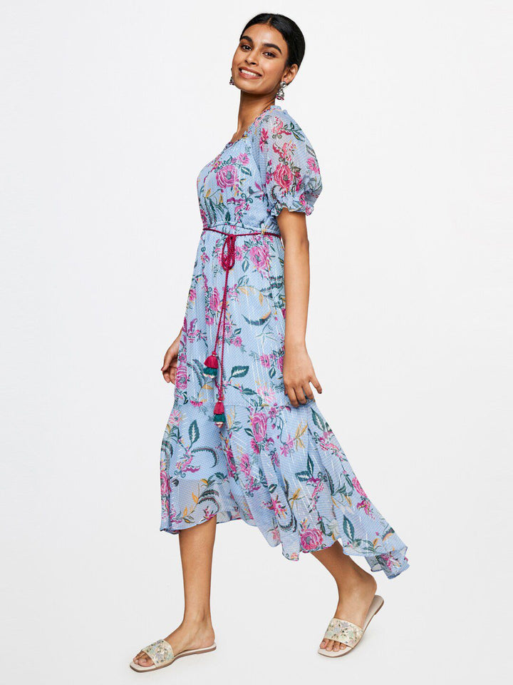 Global Desi Floral Printed Belted Maxi Dress
