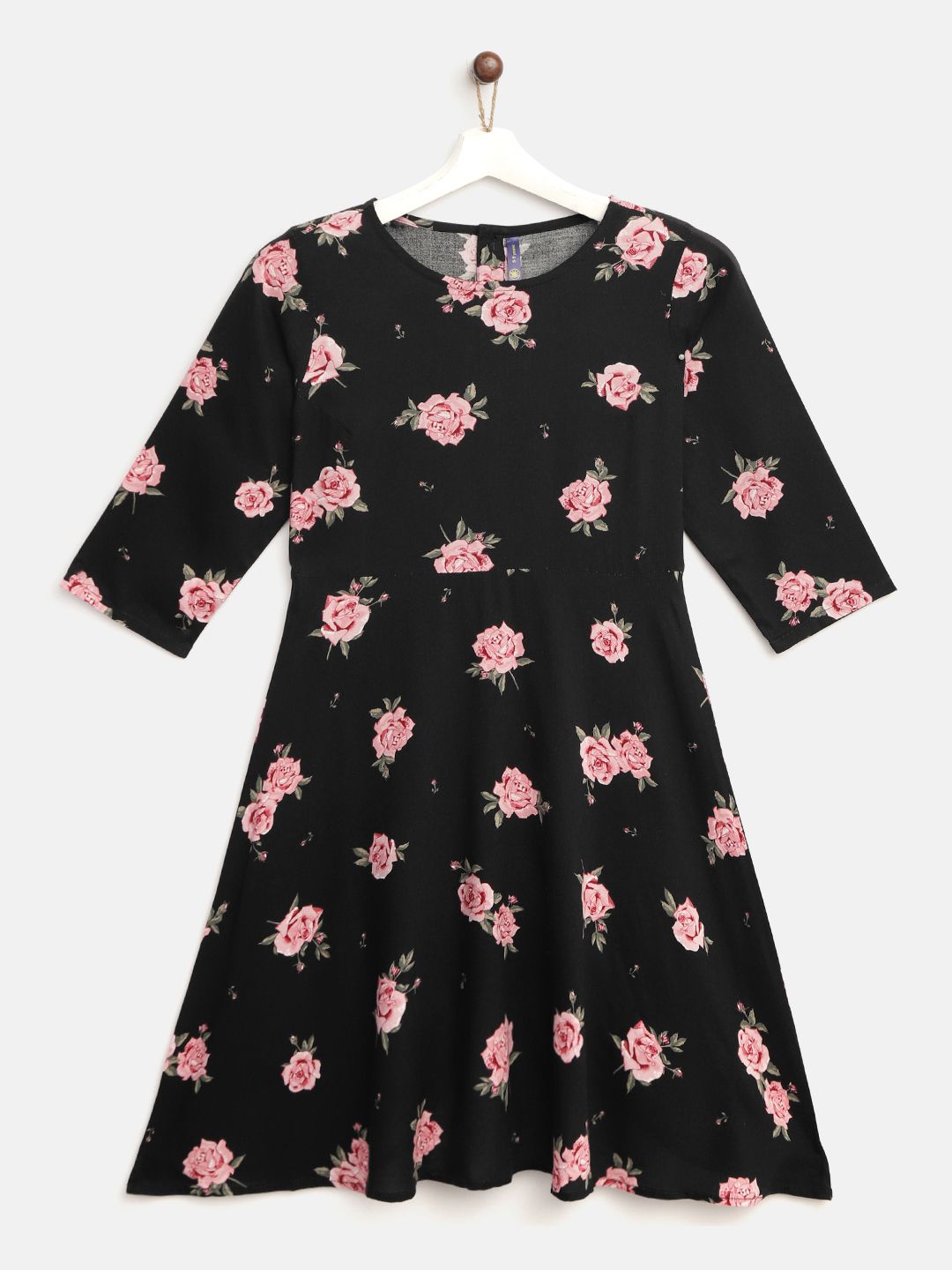 YK Girls Black & Pink Floral Print Fit & Flare Dress