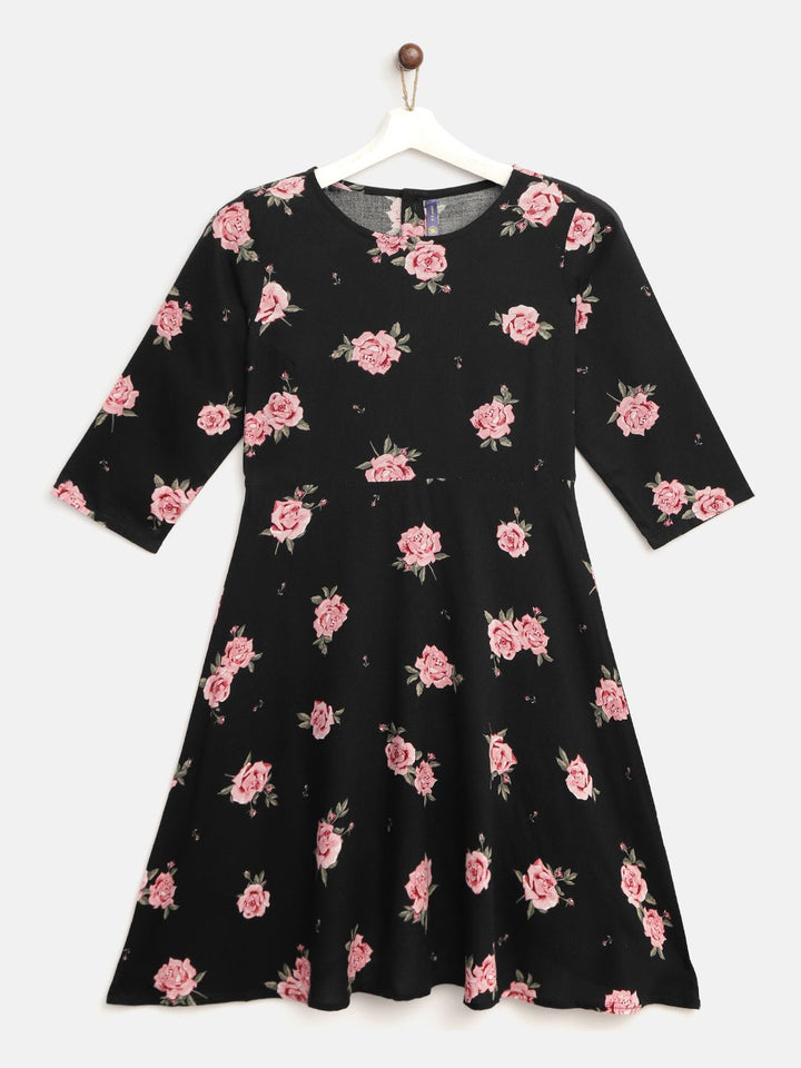 YK Girls Black & Pink Floral Print Fit & Flare Dress