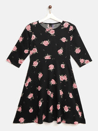 YK Girls Black & Pink Floral Print Fit & Flare Dress
