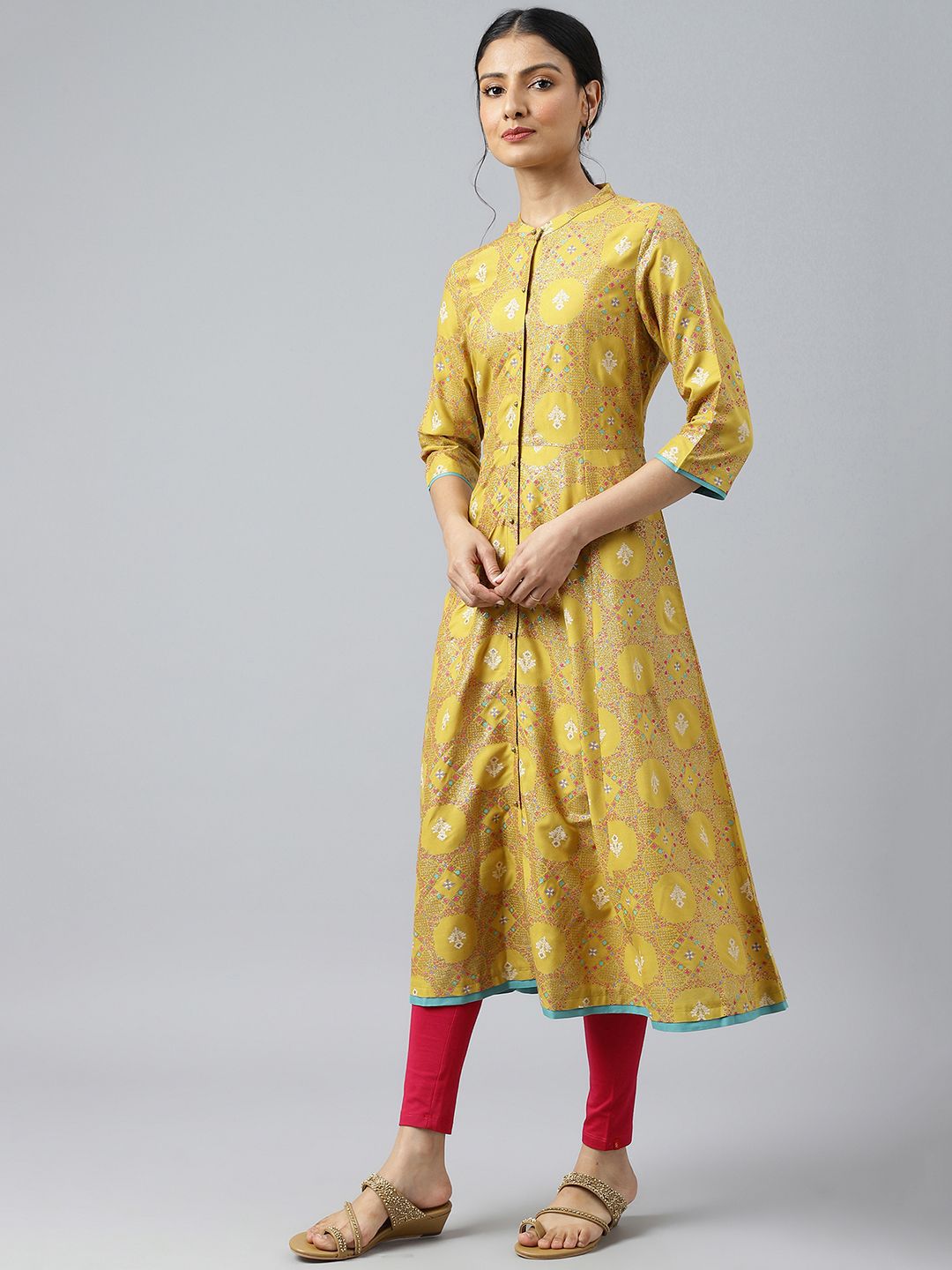 W Yellow Ethnic Motifs Printed Mandarin Collar Panelled A-Line Kurta