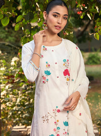 Indo Era Floral Embroidered Pure Cotton Straight Kurta With Trousers & Dupatta