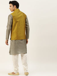 SOJANYA Men Grey & Beige Jacquard Silk Kurta with Churidar & Nehru Jacket