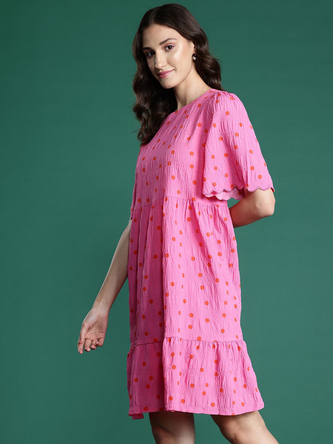DressBerry Polka Dots Print Crinkled A-Line Dress