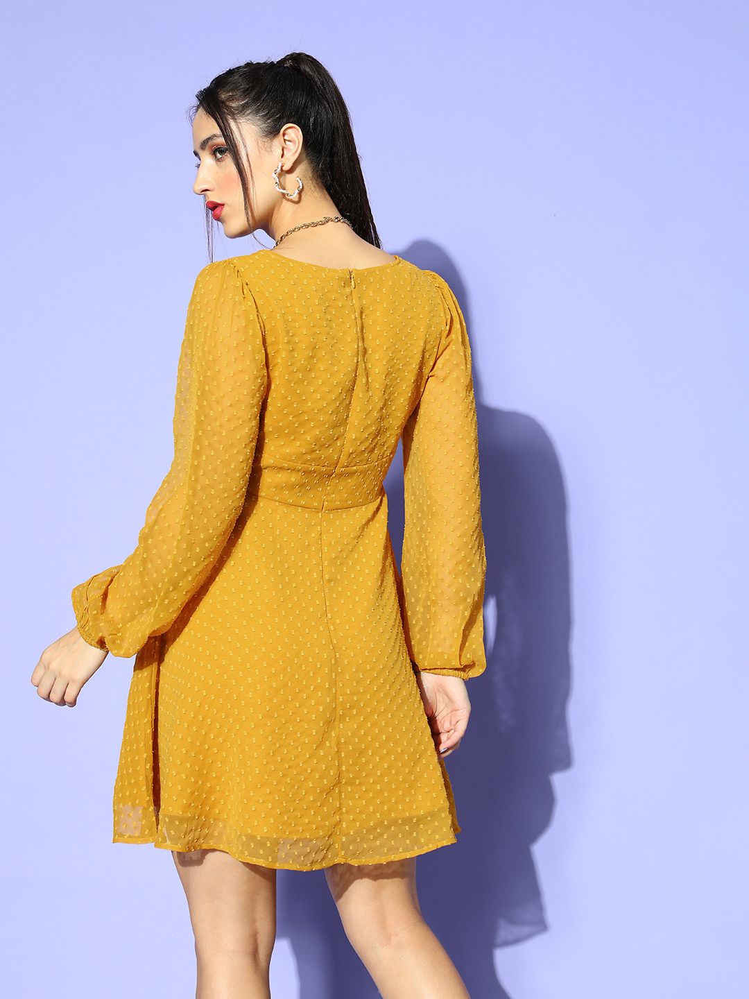 Berrylush Women Mustard Self-Design Once Upon a Sleeve Dress