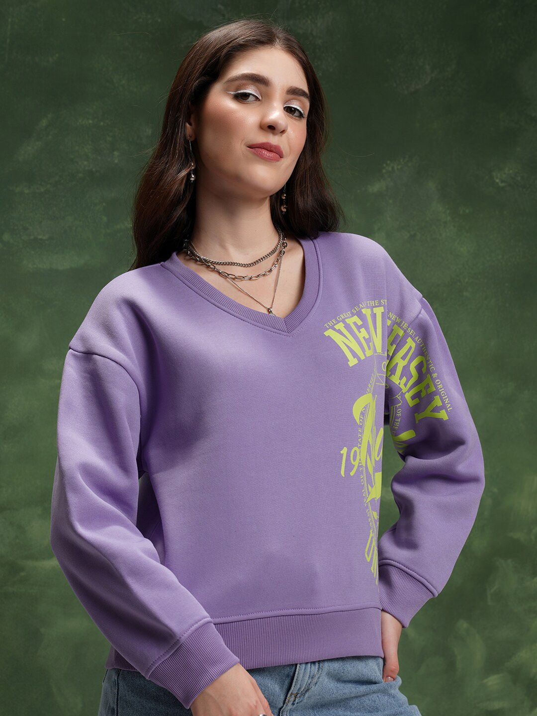 Tokyo Talkies Purple Typography Printed Drop-Shoulder Sleeves Relaxed Fit Sweatshirt