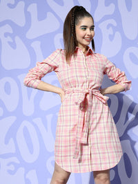 Berrylush Pink Checked Crepe Shirt Dress