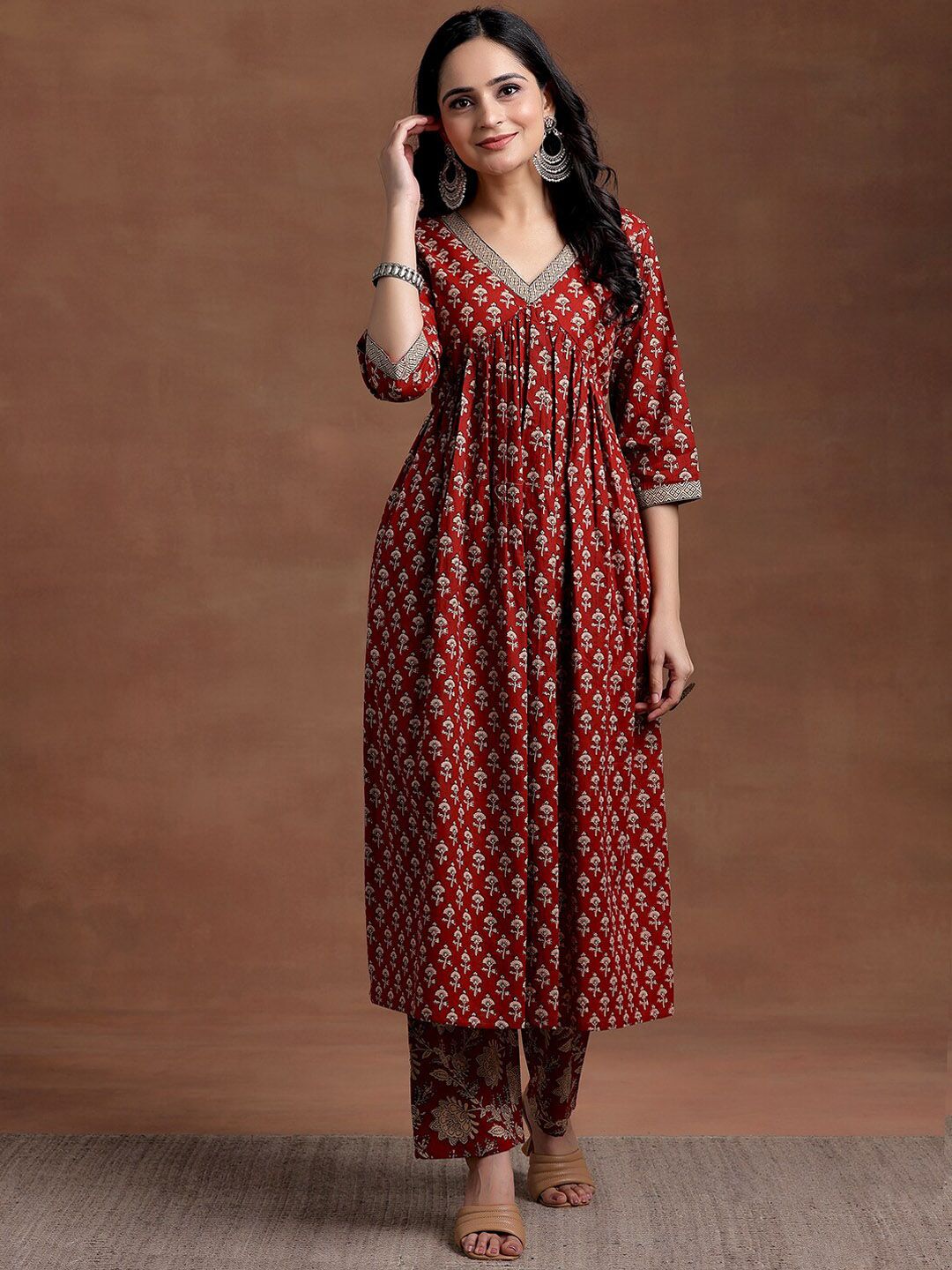 Libas V Neck Floral Printed Empire Pure Cotton A Line Kurta with Palazzo