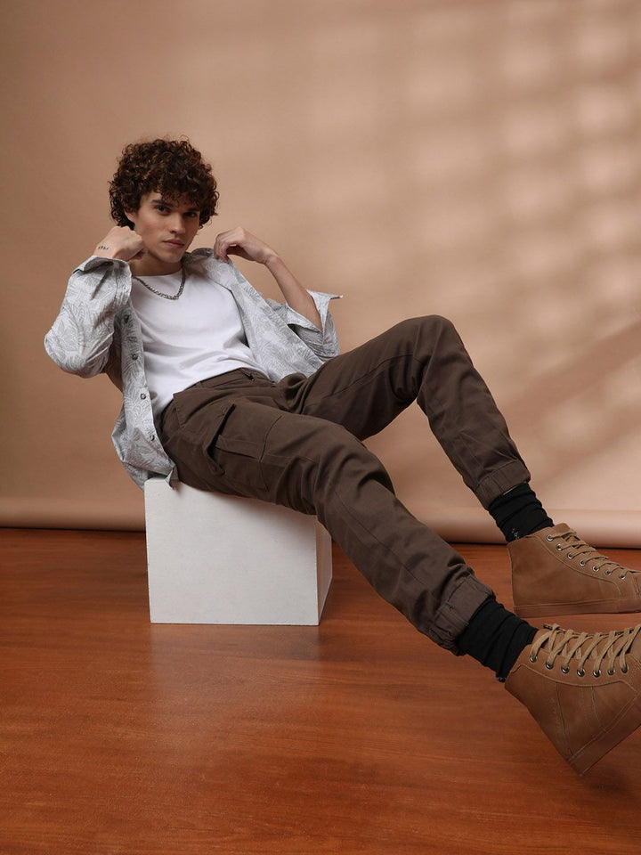 The Indian Garage Co Men Coffee Brown Slim Fit Cargo Joggers