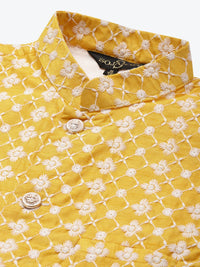 SOJANYA Men Black & Yellow  Jacquard Woven Design Kurta with Churidar & Nehru Jacket