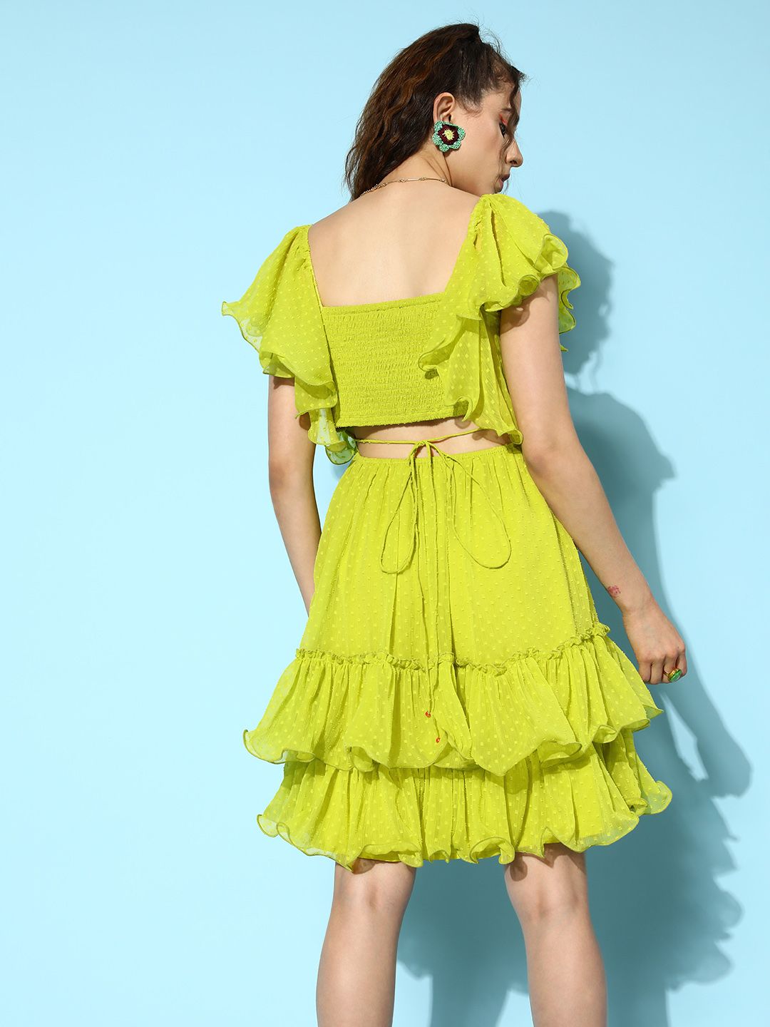 Antheaa Self Design Flutter Sleeve Ruffled Chiffon Fit & Flare Dress