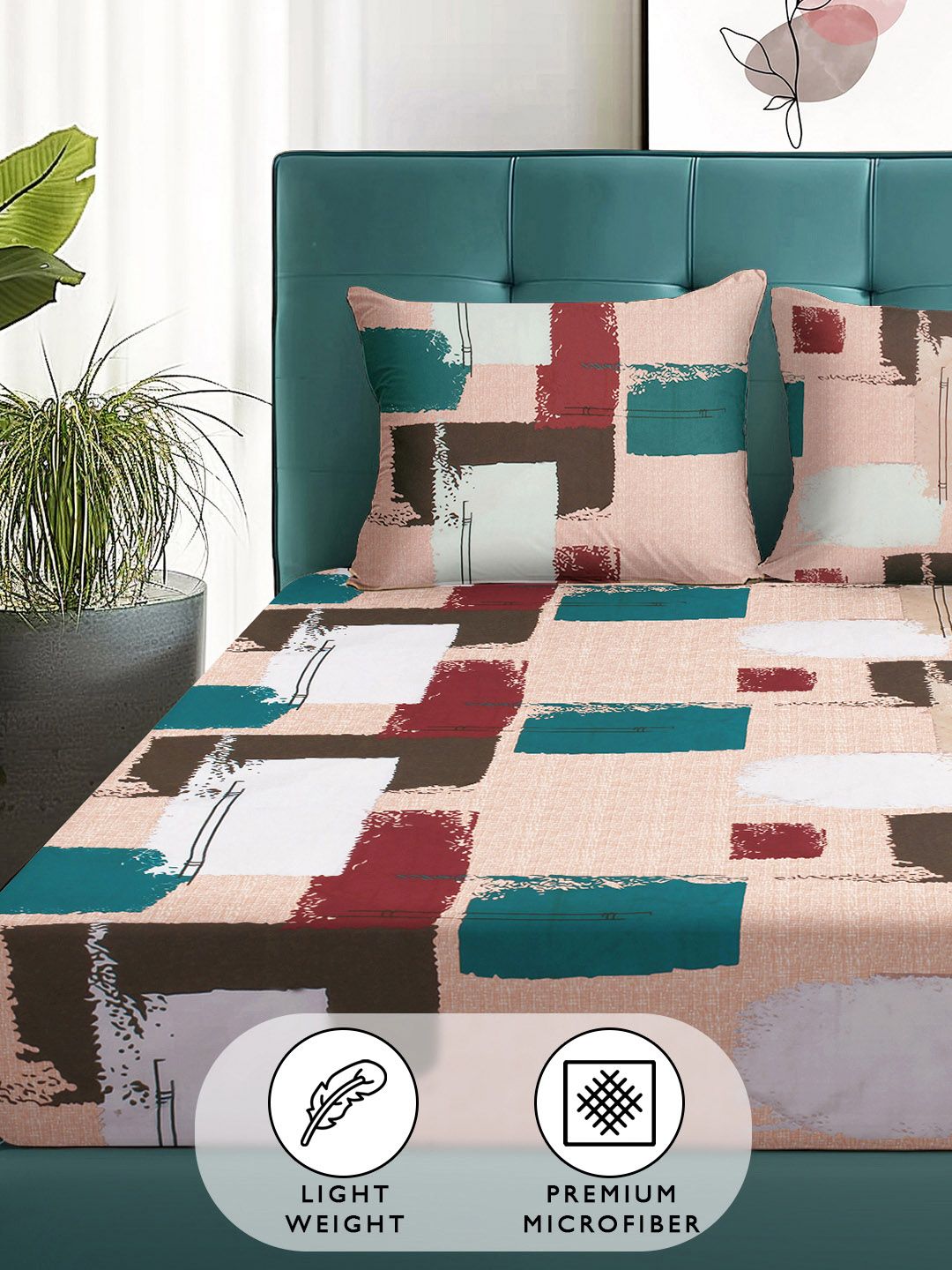 Story@home Arena Peach-Coloured & White Printed 180 TC Queen Bedsheet with 2 Pillow Covers