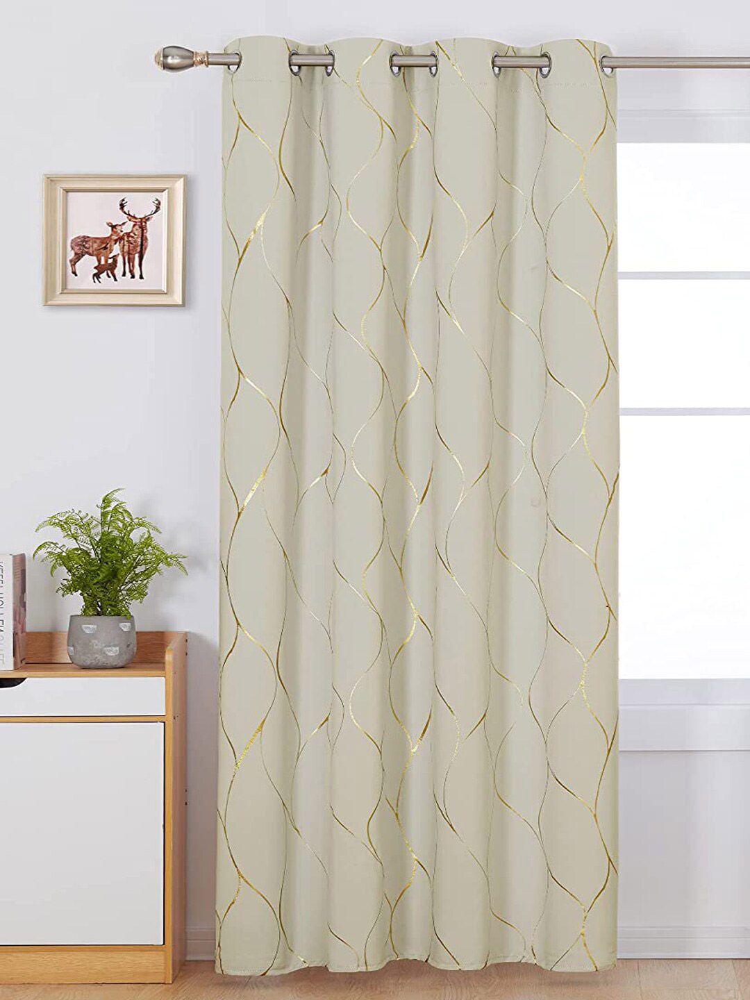 URBAN SPACE Gold Foil Beige & Gold-Toned Abstract Black Out Door Curtain