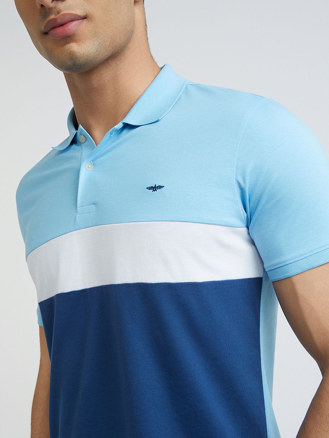Park Avenue Men Blue & White Colourblocked Polo Collar Slim Fit T-shirt